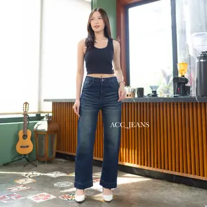 ACCJEANS - Celana Highwaist Loose Jeans Wanita Lipat Lebar - Straight Jeans Baggy Stretch Soft - Celana Panjang Wanita