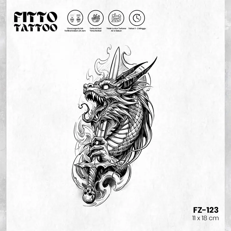 FITTO TATTO Tato Temporar Premium Semi Permanen FZS-66 Naga Ular Cobra 7x12 cm Tahan Air & Sabun Herbal Chromogenic Ink 2