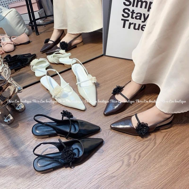 [Thảo Em - SBN90H] Sục bệt nữ mũi nhọn da bóng mềm phối hoa cạnh cá tính thời trang thanh lịch mùa hè