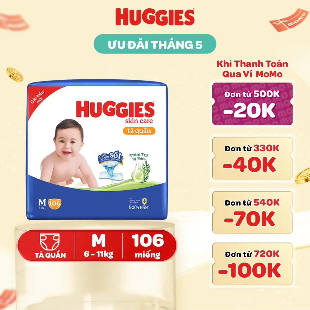 Tã/ bỉm quần Huggies Skincare Mega Jumbo với tràm trà dịu da Size M106/L96+8/XL84+4/XXL76+4