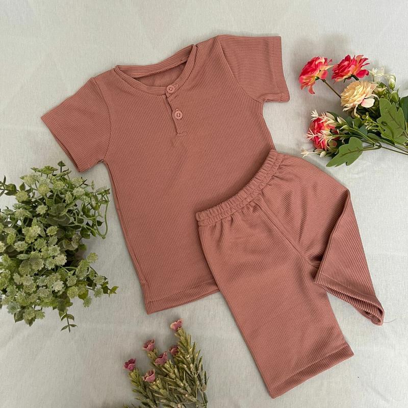 Setelan baju anak laki laki dan perempuan bahan Rib Knit 3 bulan - 1 tahun 4