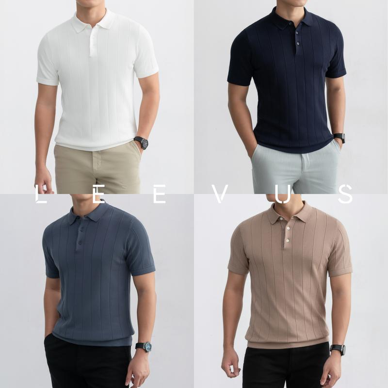 Áo polo LEN DỆT KIM nam STRIPED RENEW Knit vải dệt jersey phối màu neutral thanh lịch LEEVUS - APL338