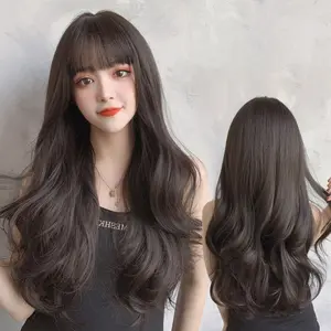 rambut palsu wig simulasi rambut manusia set penuh alami kepala gaya rambut keriting bergelombang poni udara  rambut panjang wanita Hitam