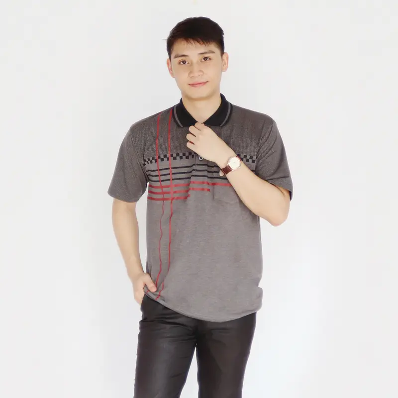 Sc - Baju Katun Motif Batik Lengan Pendek Pria Dewasa Distro - Kaos Saku Kerah Polo Atasan Cowok Santai Abu Panjang 5