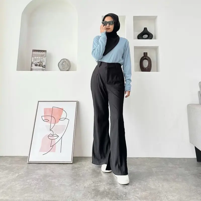 CELANA CUTBRAY KNIT Premium Highwaist Panjang Nyaman Wanita - Motif Knit Elegan flare pants 4