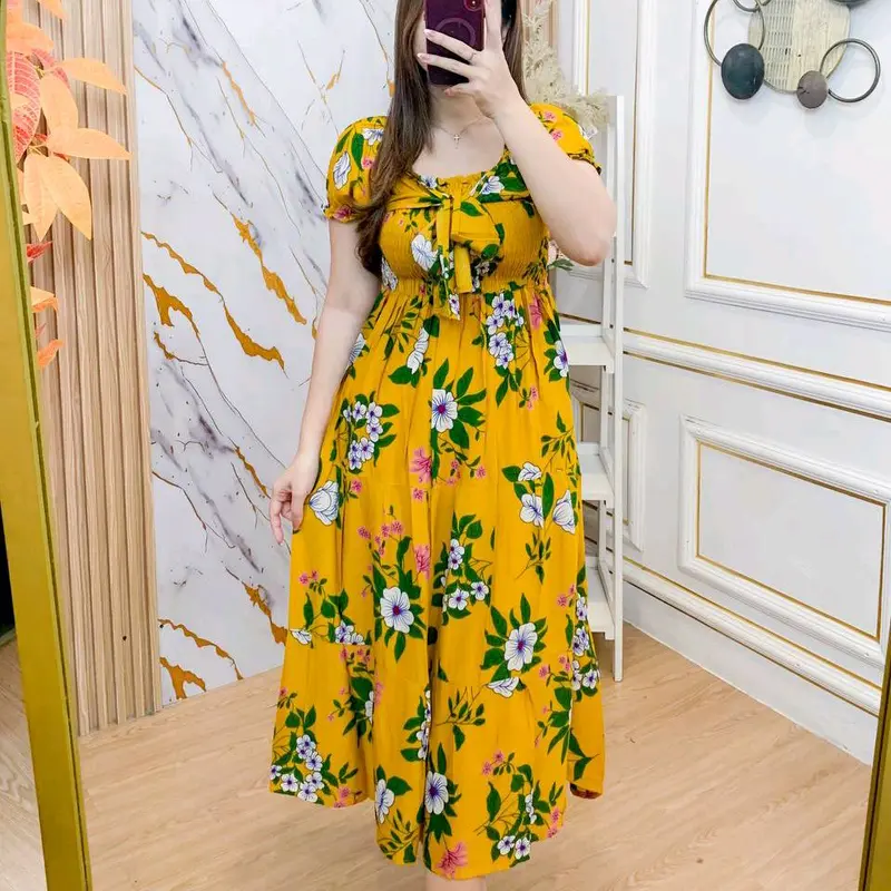 Lyona Dress Kerut Tali Pita Smoke Depan Belakang Bahan Adem Lembut Menyerap Keringat - Daster Kekinian Casual - Midi, Motif, Cantik, Kerah, Pendek, Santai, Panjang, Tangan 1