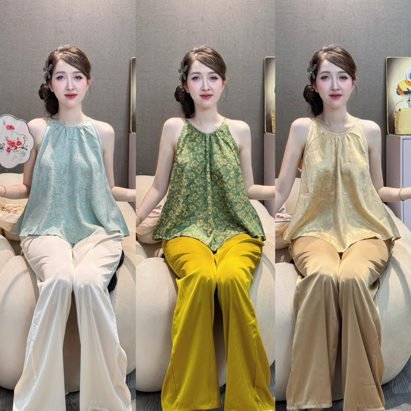  Yếm vạt nhọn L19 - LIN NHUNG STORE  lụa quần lụa satin trơn phối áo hoa nhiều màu Tay ngắn Trơn Có hoa Nữ Top AAADT100ST   MBT   