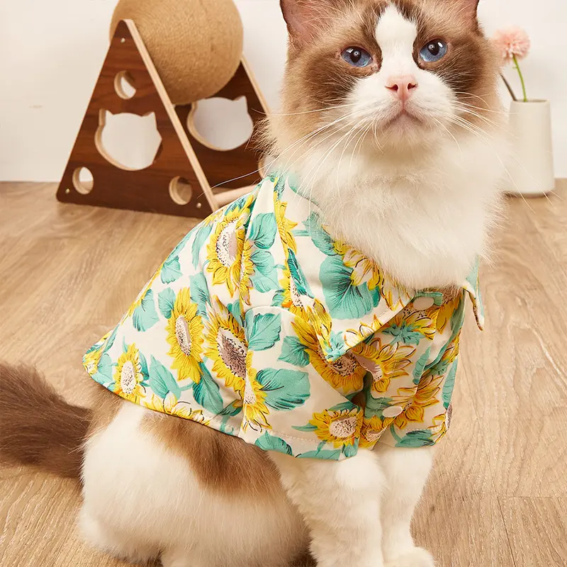 Quần Áo Cho Thú Cưng Mùa Hè, JINGDINGTAI, Cho Mèo Và Chó Teddy Mỏng, Áo Sơ Mi, In Hoa Hướng Dương, Phong Cách Thường Ngày 0