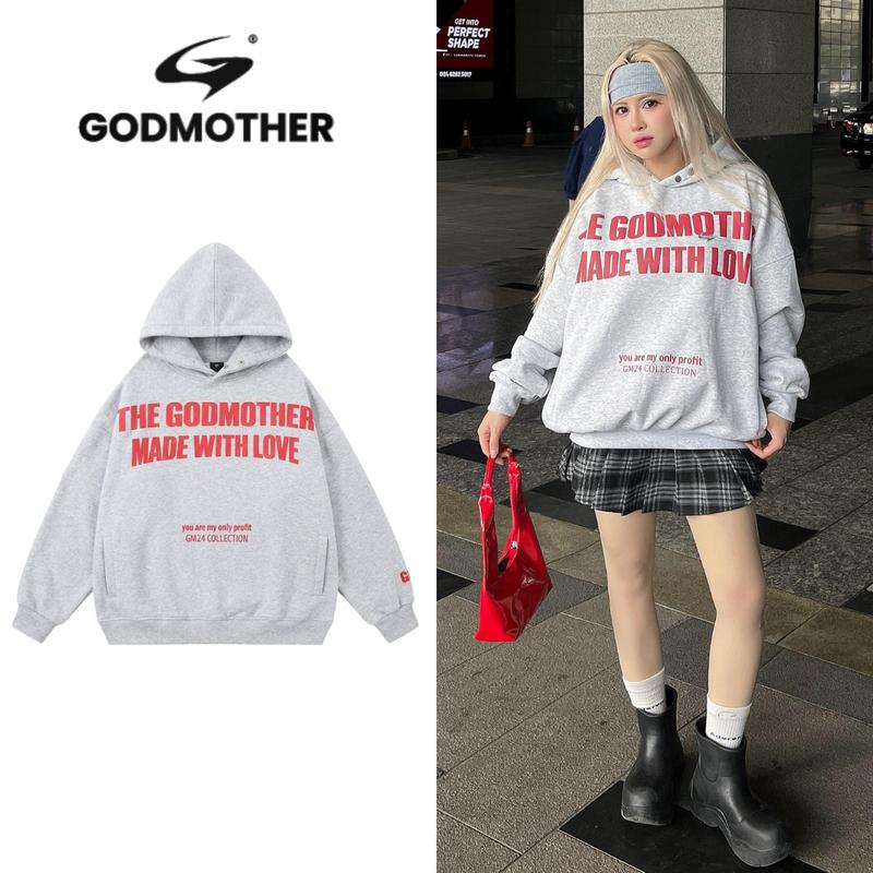 Áo Hoodie Nỉ Bông Form Boxy GODMOTHER MADE WITH LOVE Unisex Mũ To Có Cúc Màu Xám Tiêu - Đen 2024
