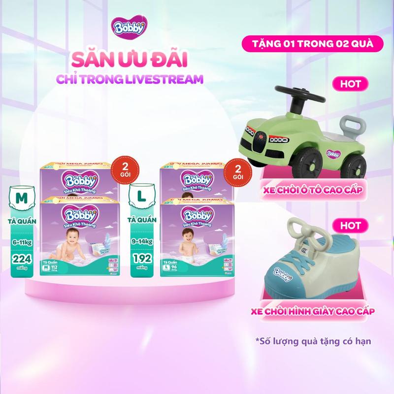   KOL   COMBO 4-TẶNG XE CHÒI OTO XE CHÒI GIÀY  Bobby Tã bỉm quần M112 L96 XL84 XXL76 Siêu khô thoáng 