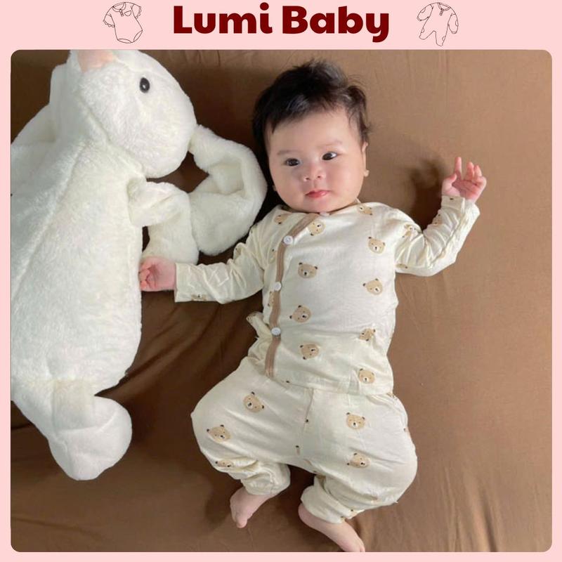  Bộ quần áo sơ sinh dài tay Cotton Chất Thun Lạnh Cài chéo Màu be Họa tiết Cho bé Trai- Gái Từ 0- 9 Tháng 