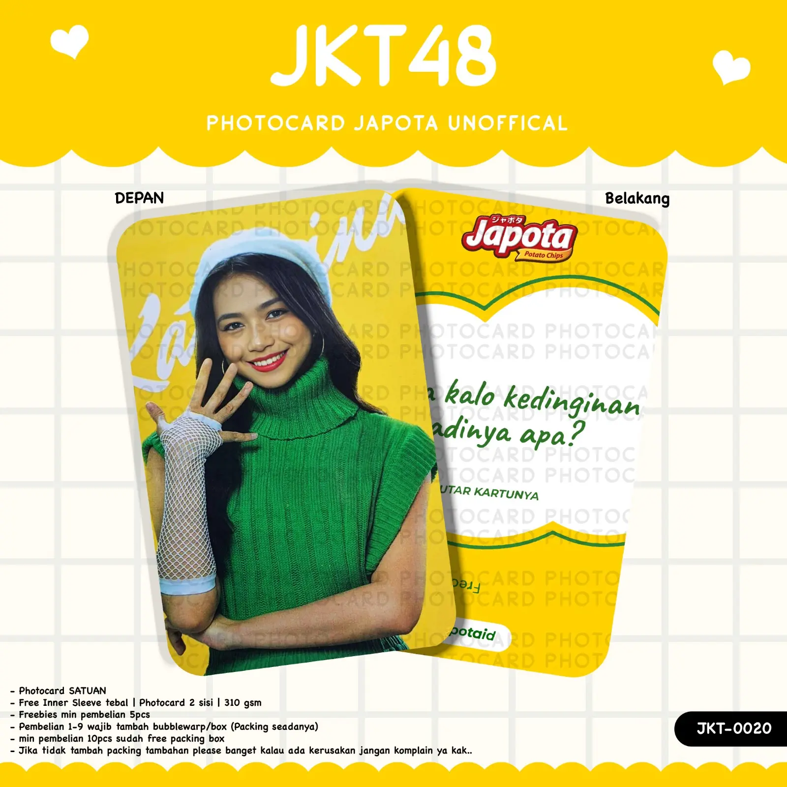 PHOTOCARD JKT48 X JAPOTA SNACK 2 SISI LAMINASI UNOFFICIAL BAHAN TEBAL GLOSSY DEPAN BELAKANG KOLEKSI TERBARU