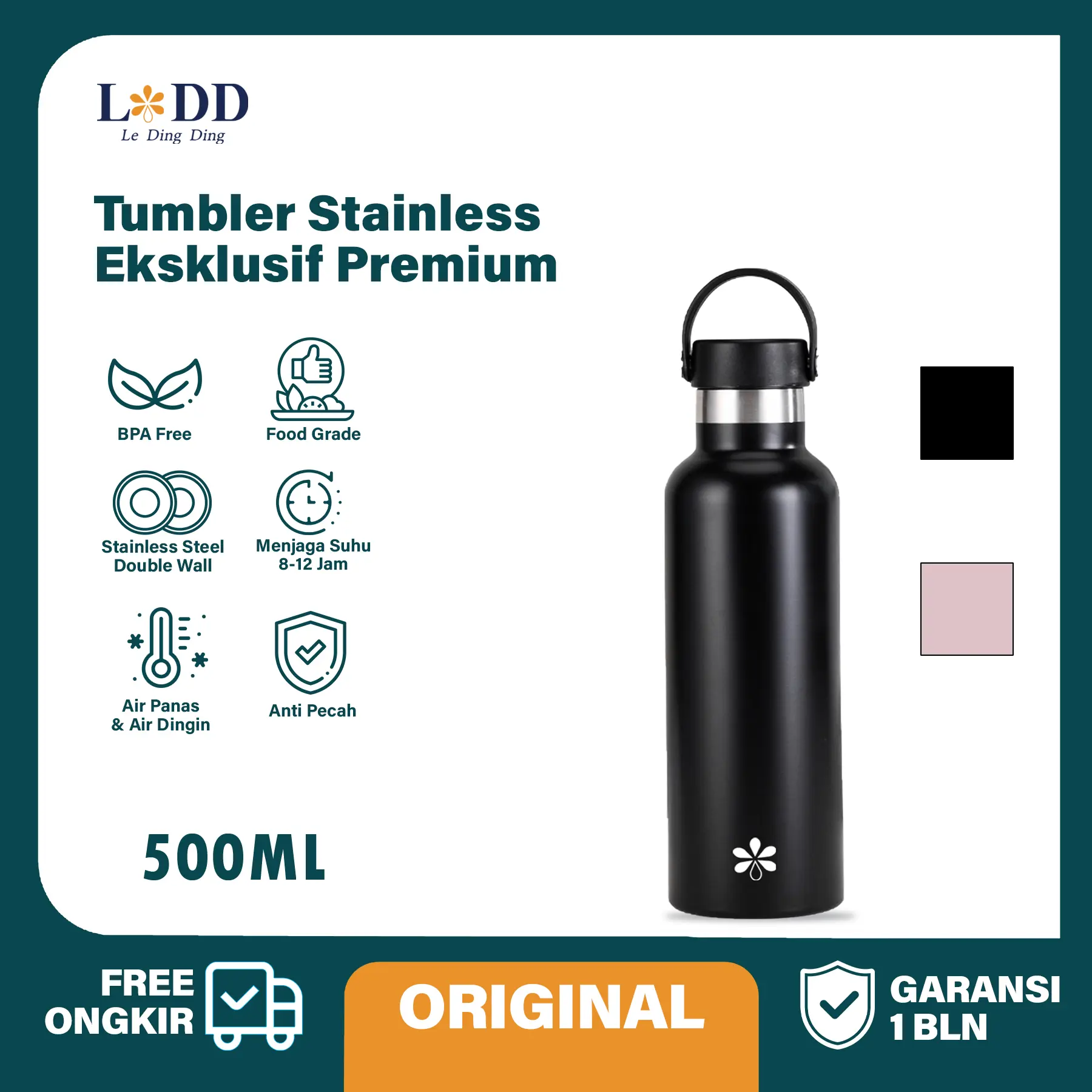 Le Ding Ding-Tumbler Stainless Steel Tumbler tahan panas dingin 24 jam Termos Tutup Bambu 500ml