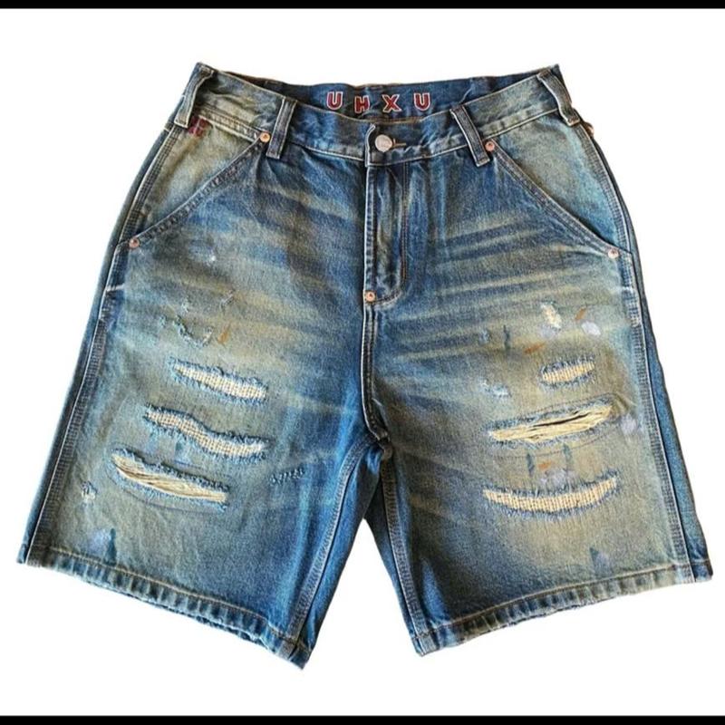 Quần Sọt Jean Nam, Mã Số 154, Denim Màu Xanh Wash Đồng, Rách Vá, Ống To, Phong Cách Bụi