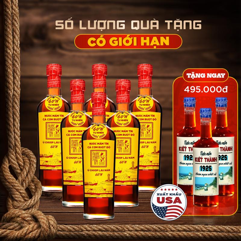 [ Thùng 6 Chai - 60N - 500ml] Nước Mắm Tĩn Cá Cơm Ruột Đỏ Độ Đạm 60N Chai Thuỷ Tinh 500ml Nước Mắm Truyền Thống- TET