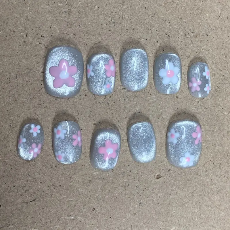 Pixie Dust cat eye berbunga bunga Press on Nails 0