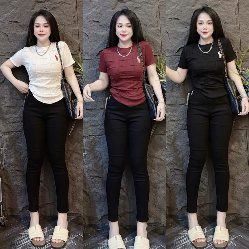    Có Size 38kg - 58kg   Áo thun ôm nữ trơn form tôn dáng cổ tròn phối lưới trước thêu N.gựa    Thêu K19   