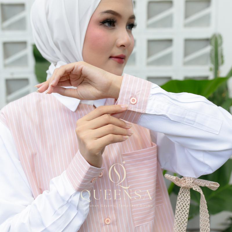 Queensa - Kemeja Azalea Wanita Salur Katun Rayon Polos + Pita | Blouse Lengan Panjang Stylish & Nyaman | Outfit Hijab Casual Terbaru 3