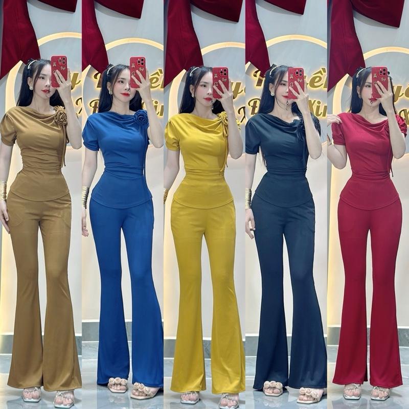  Mã C303 Set Áo Cổ Đổ Lệch Vai Kèm Hoa Quần Loe Thun Tăm Nhuyễn 