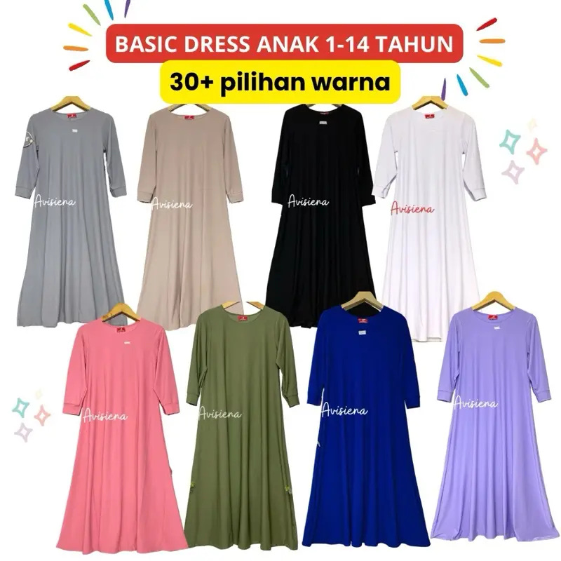 Avisiena - Gamis Polos Anak jersey  Inner anak lengan panjang dalaman gamis anak remaja tanggung Hitam putih Basic Dress Muslim Nyaman Sekolah White 0