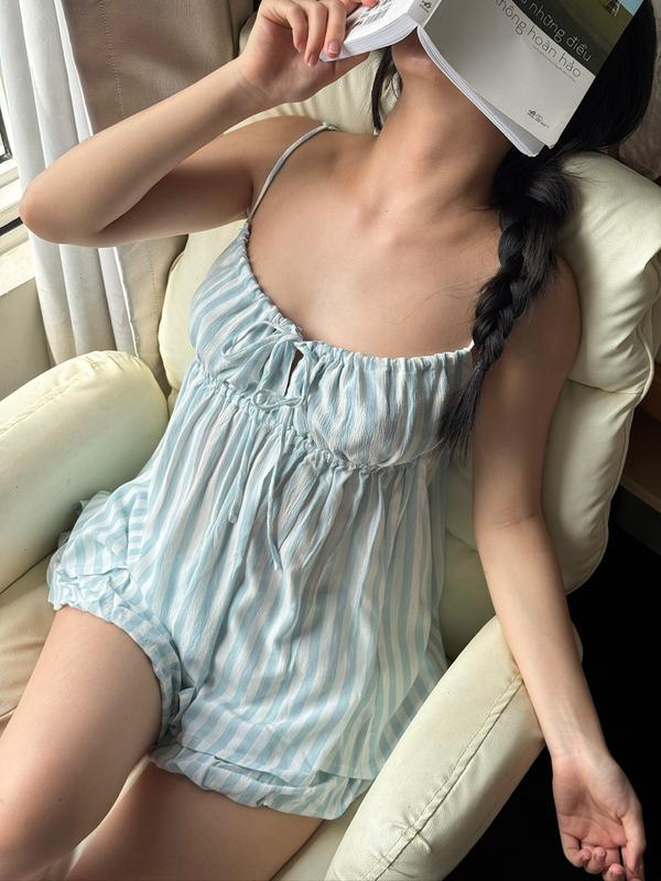  Lucille Set |Set đồ bộ babydoll quần bí Quần Ngủ áo cột nơ ngực phong cách lolita quyến rũ| áo có dây rút ở vai Nữ 