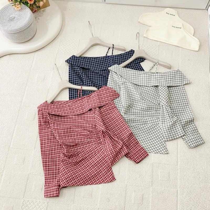  Áo trễ vai kẻ caro dài tay 3 màu CLLEE bigsize nữ  21465  Top 