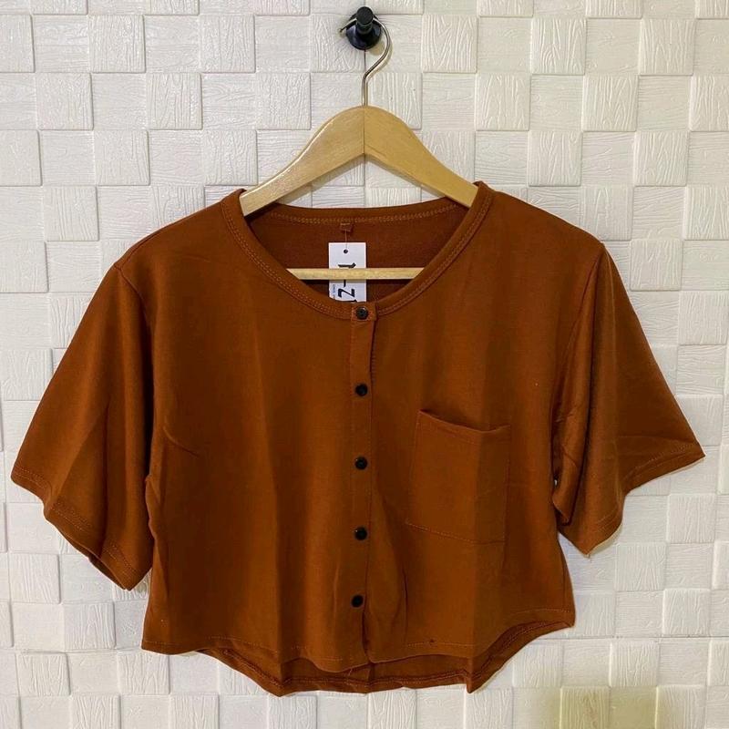ATASAN CROP TOP KANCING OVAL PENDEK KANTONG POLOS WANITA / ATASAN WANITA / BAJU WANITA KEKINIAN 0