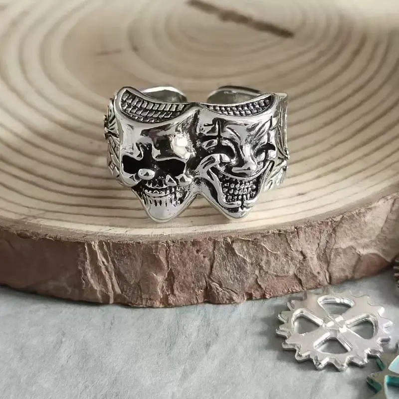 Nhẫn Chú Hề, Hai Mặt, Bạc Thái Lan, Phong Cách Gothic Hợp Xu hướng Nhật Bản Cổ Điển Của Nam Giới, Nhẫn Mở Thủ Công, Thiết Kế Ác Và Thiện năm tháng mặn nồng ring wedding long one piece signet chúa tể những chiếc 5