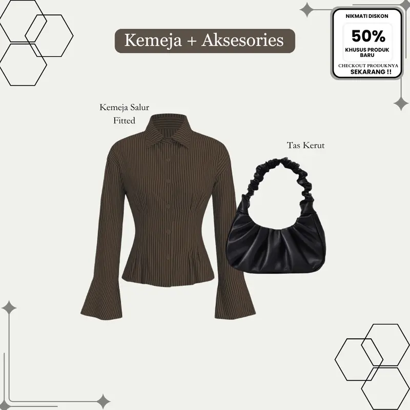 ( TERBARU!! ) Setelan Wanita Kemeja Salur fit Body, Celana Cutbray Hitam, dan Tas Bahu Kece| SET 073 4