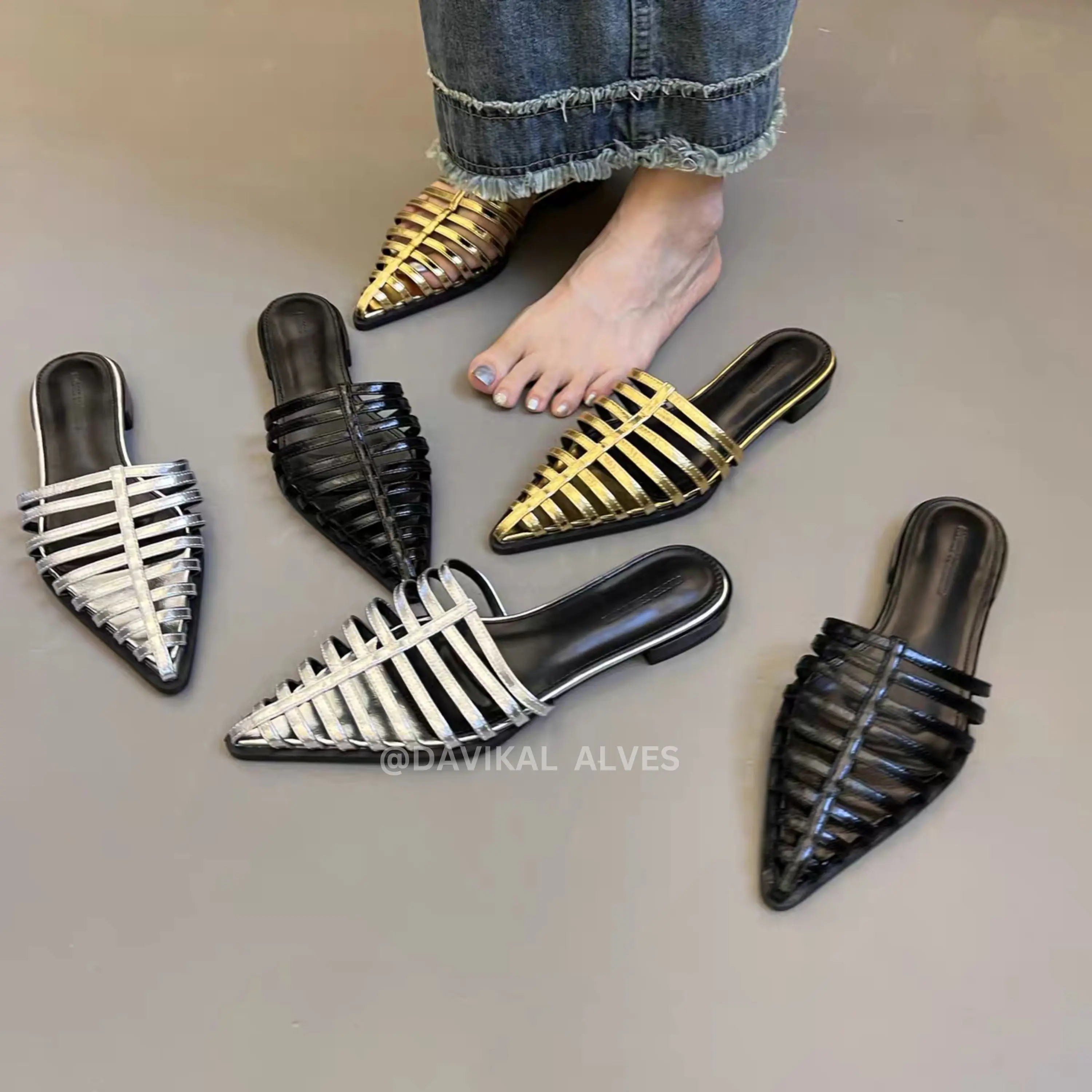 Sandal Wanita Hak 3cm Tali Keronjo Ujung Runcing Sandal Mule