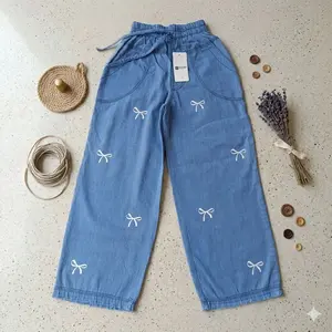 Celana Kulot Anak Perempuan 5-12TH Jeans Fashion Katun Denim Nyaman Menyerap Keringat dengan Saku Love Ukuran 56-70 cm Celana harian Anak Cewek