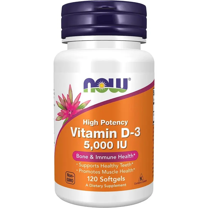 NOW Vitamin D3 5000 IU 120 Kapsul Softgel Mendukung Kesehatan Tulang Gigi & Sistem Imun Tubuh Non GMO Exp 01-2029 2