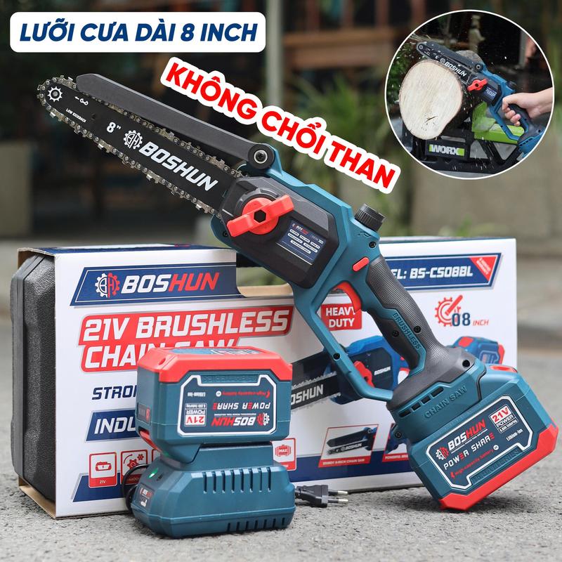 Máy Cưa Pin 8 Inch Boshun Cầm Tay - CS08 - Tốc Độ Cưa 4m s - Không Chổi Than Cao Cấp - Có Bình tra nhớt - Chân Pin Phổ Thông 2 Pin 15 Cell 21V 6Ah