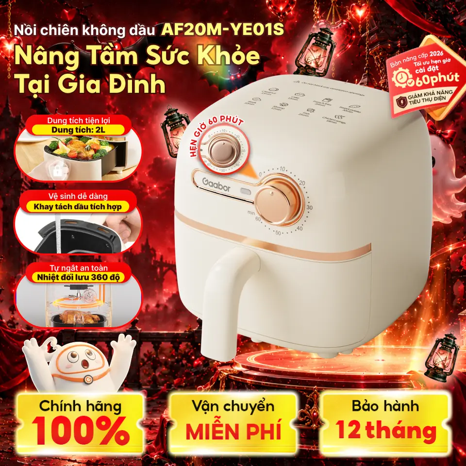 Nồi chiên không dầu Gaabor AF20M-YE01S dung tích 2l công suất 900w nóng nhanh nhỏ gọn xịn xò nấu ăn dùng cho 1 người cooker nướng lò nướng air fryer đa năng bao deal ngan h hang
