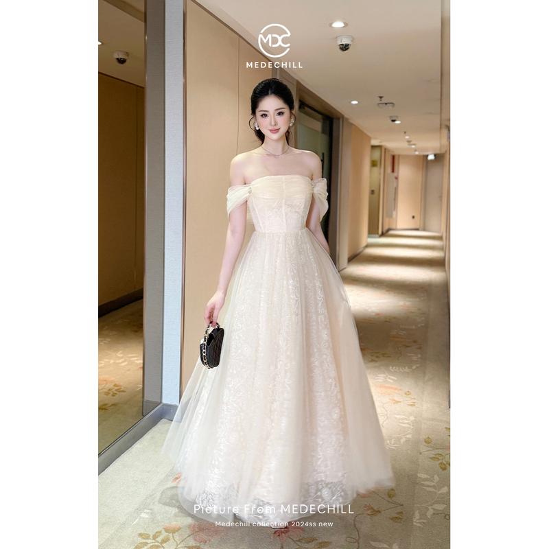 Váy Maxi Trễ Vai Sang Chảnh Váy Dự Tiệc Cưới MEDECHILL Chất Ren Hoa Cao Cấp Phối Tơ Lưới Đính Đá Sang Trọng T170