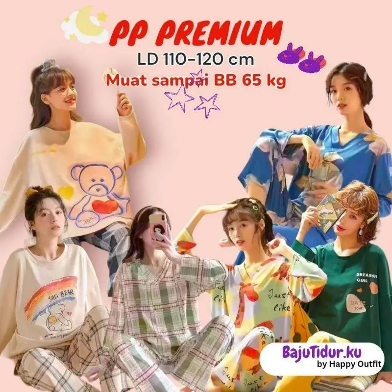 Baju Tidur Setelan Wanita Celana Panjang Lengan Panjang Gratis Pouch Fit Motif Lucu Piyama 0