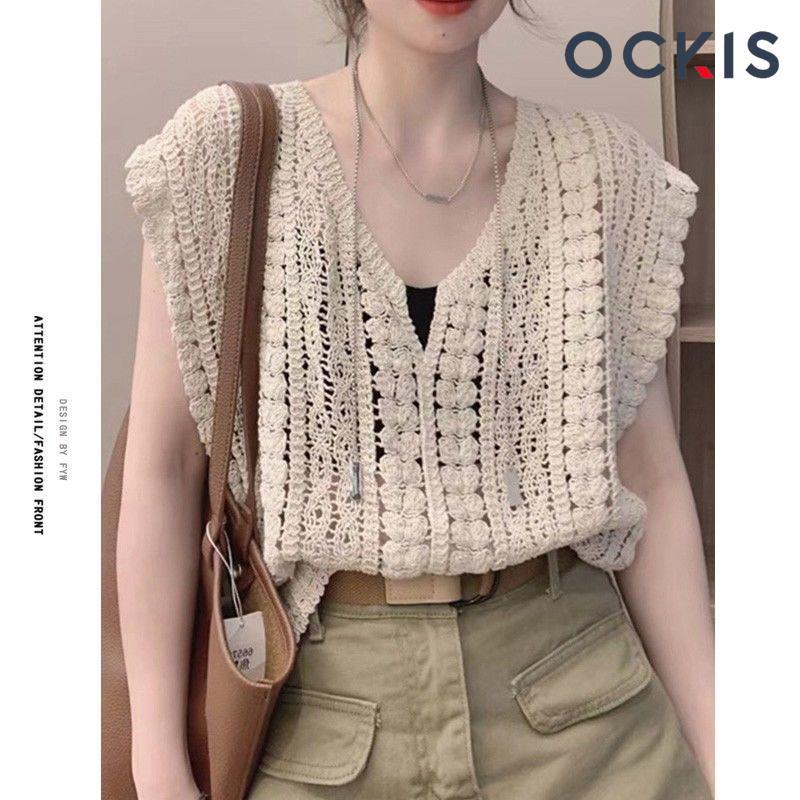 Áo Khoác Dệt Kim Quyến Rũ, OCKIS, Với Chi Tiết Khoen, Áo Len Cổ Chữ V Phong Cách Hàn Quốc, Dành Cho Nữ, [Thanh Toán Khi Nhận Hàng] 1