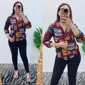 Grosir Natalia | Blouse Kancing Bahan Rayon Motif Kayu Baju  Atasan  Wanita Panjang Karet