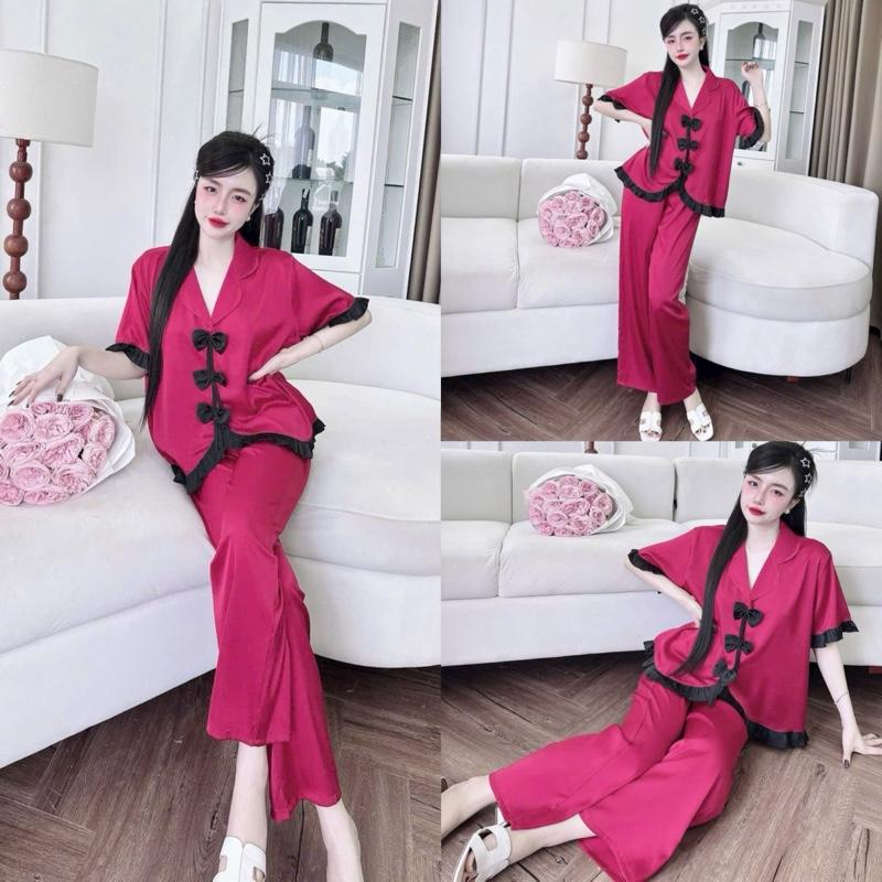 (45-65kg) Set Bộ Tiểu Thư Đính Nơ Phối Bèo Form Áo Lửng Lụa Latin Quần Dài Có Túi,Bộ Ngủ Nữ Mặc Nhà Pijama