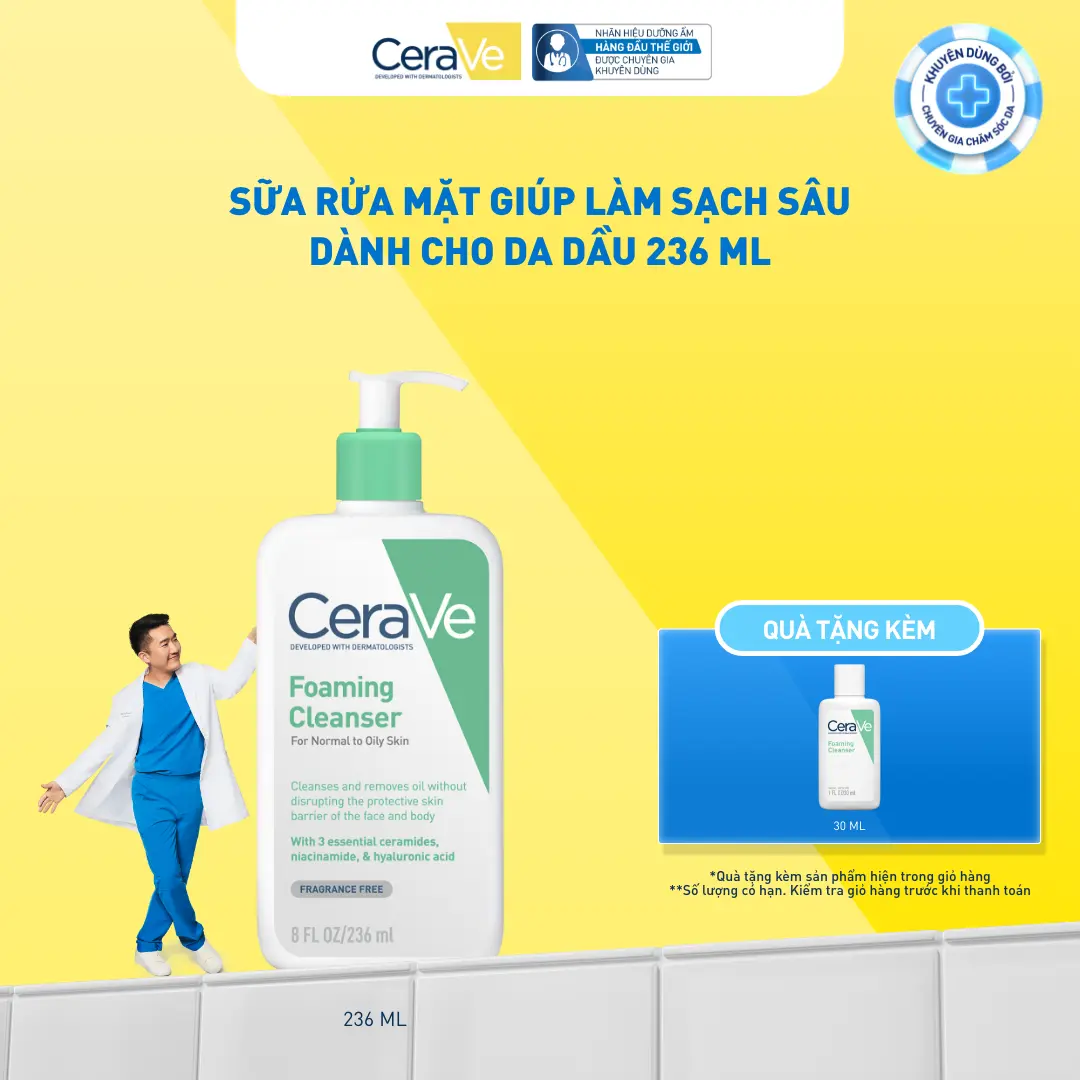 Sữa rửa mặt giúp làm sạch sâu dành cho da dầu Cerave Foaming Facial Cleans 236ML, tạo bọt làm sạch sâu dịu nhẹ và cung cấp độ ẩm cho da. Chăm sóc da_Sữa rửa mặt_Skincare cho Nam và Nữ_Cleansing
