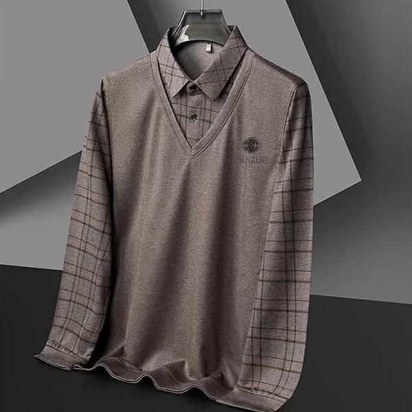 Product Introduction of Men's silk fabric fake two POLO loose grid solid color casual T-shirt with silk print top Menswear Lingerie 2