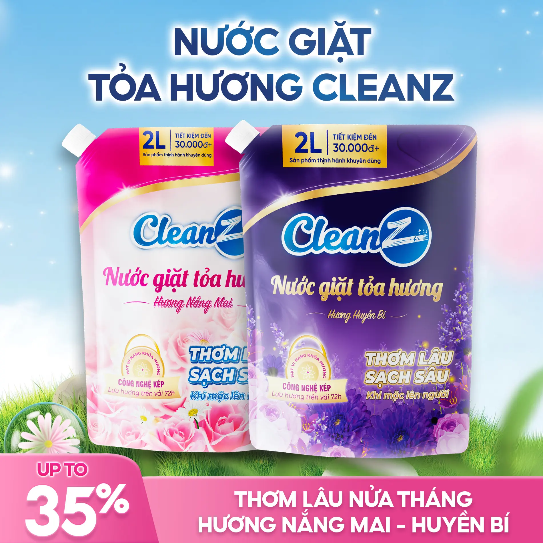 [MUA 1 TẶNG 1 ] Nước Giặt Tỏa Hương CleanZ Công Nghệ Sạch Sâu, Lưu Hương Lâu Dài, Bảo Vệ Màu Quần Áo, Túi Giặt Dung Tích 2L Làm Sạch
