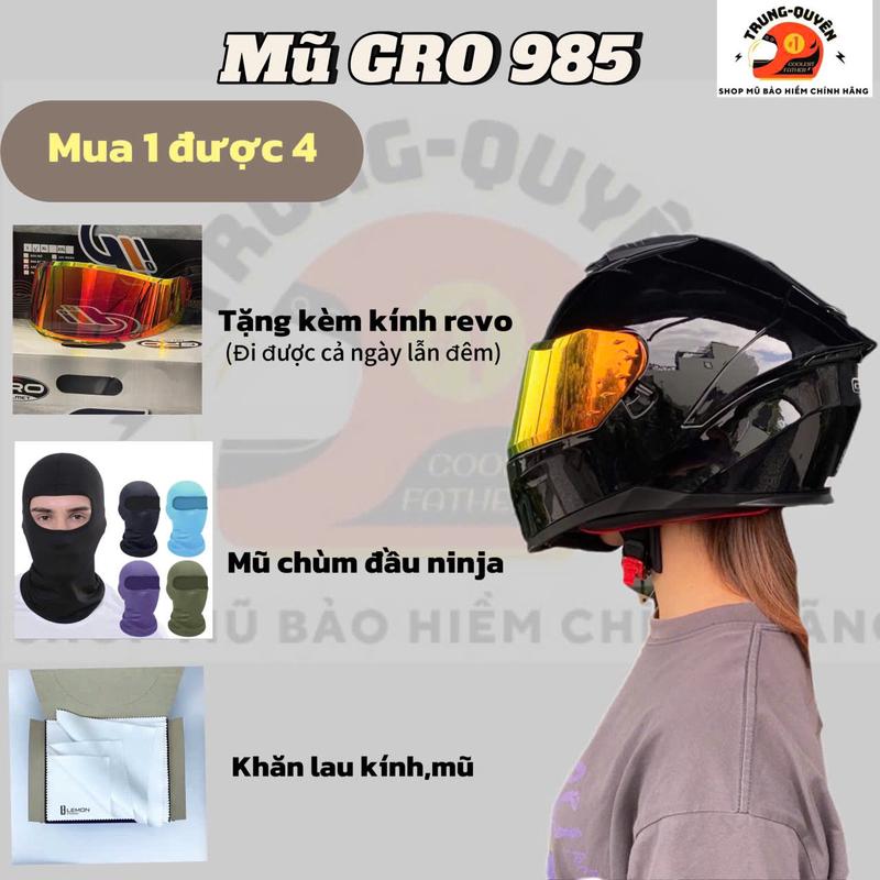  Mũ bảo hiểm fullface 2 lớp kính chính hãng GRO 985  tặng kính revo khăn lau kính mũ,mũ chùm đầu ninja và túi đựng mũ . Helmet 