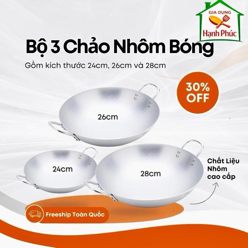 Bộ 3 Chảo Nhôm Bóng, Tiện Lợi, Tiết Kiệm, Chiên, Xào, Chế Biến Thực Phẩm, Nấu Ăn Trong Gia Đình, Sử Dụng Cho Bếp Gas, kícḣ Thước 24cm, 26cm, 28cm - Tổng kho Gia Dụng Hạnh Phúc