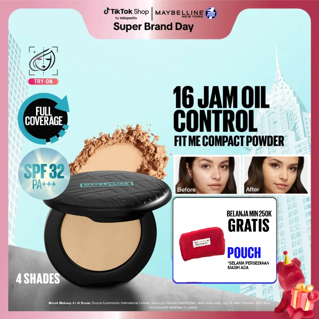 MAYBELLINE Fit Me Matte + Poreless 16 Jam Oil Control Compact Powder Make Up Bedak Padat bebas minyak tahan 16 Jam