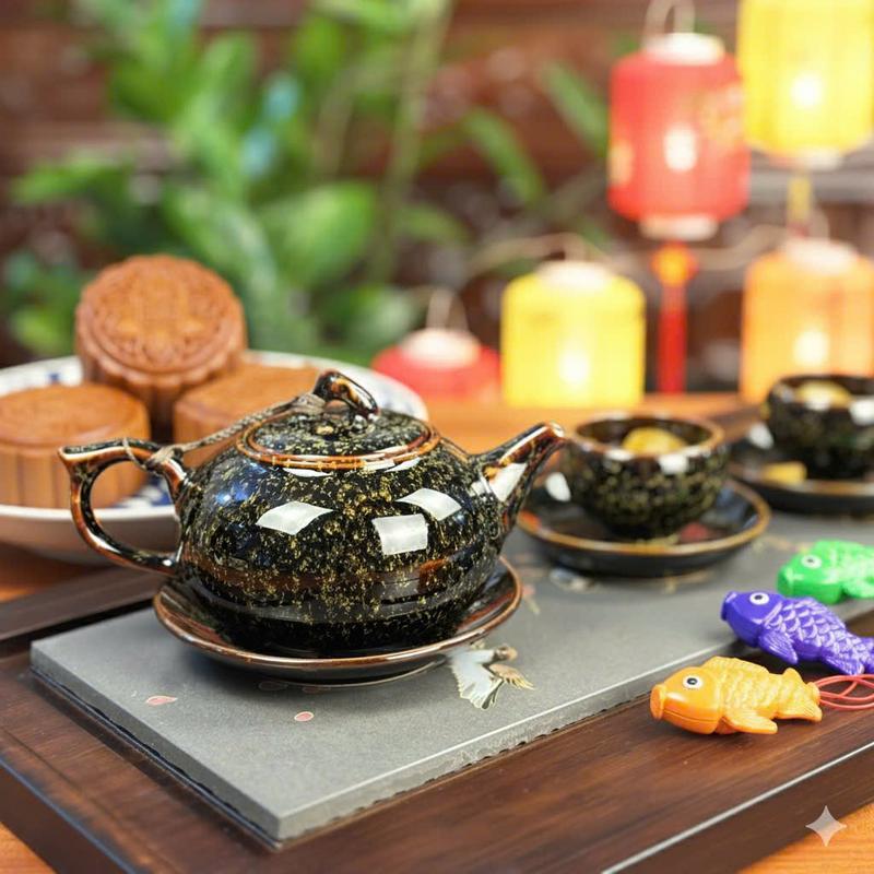 Bộ ấm chén Hoàng Kim Sa Bát Tràng dáng Quả hồng men Hỏa biến