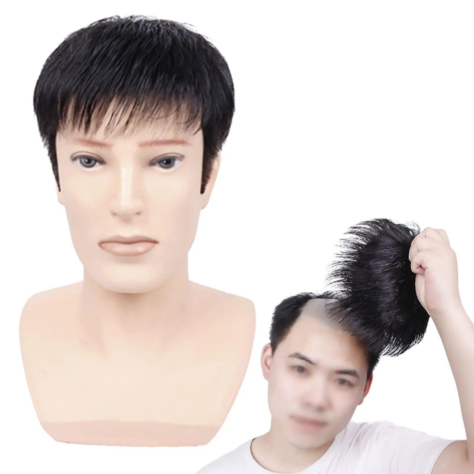 Men Topper Wig Clip Natural Black Short Hair Toupee for Men in Hairpiece Real Human Hair Lace Toupees for Hair Loss
