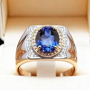 Cincin Pria Mewah Berbahan Sintetis Biru Bentuk Oval dengan Kristal, Finishing Perak yang Dipoles Dilengkapi dengan Batu Rhinestone Berkilau dan Safir Buatan Aksesori Elegan untuk Pesta dan Pernikahan Chivas Regal