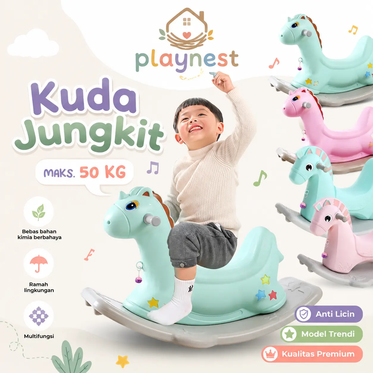 Playnest Kuda Jungkat-Jungkit Kuda Dorong Anak SNI Mainan Kuda Kudaan Premium Lengkap