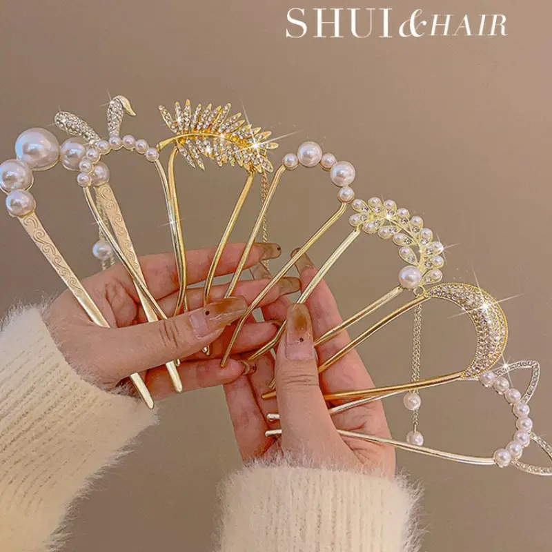 Kẹp Tóc Giả Đính Đá / Ngọc Trai, Thanh Lịch Và Cổ Điển, Đũa Tóc, Kẹp Hình Chữ U, Phụ Kiện Cài Tóc, Phong Cách Cổ Trang, Cho Tóc